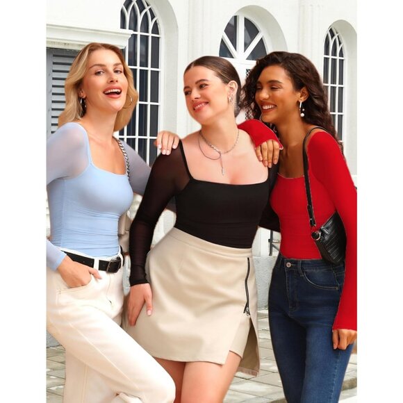 Women's Bodysuit Long Sleeve Neck Mesh Shirts Ruched Sexy Sheer Dark Red Tops - Picture 6 of 6